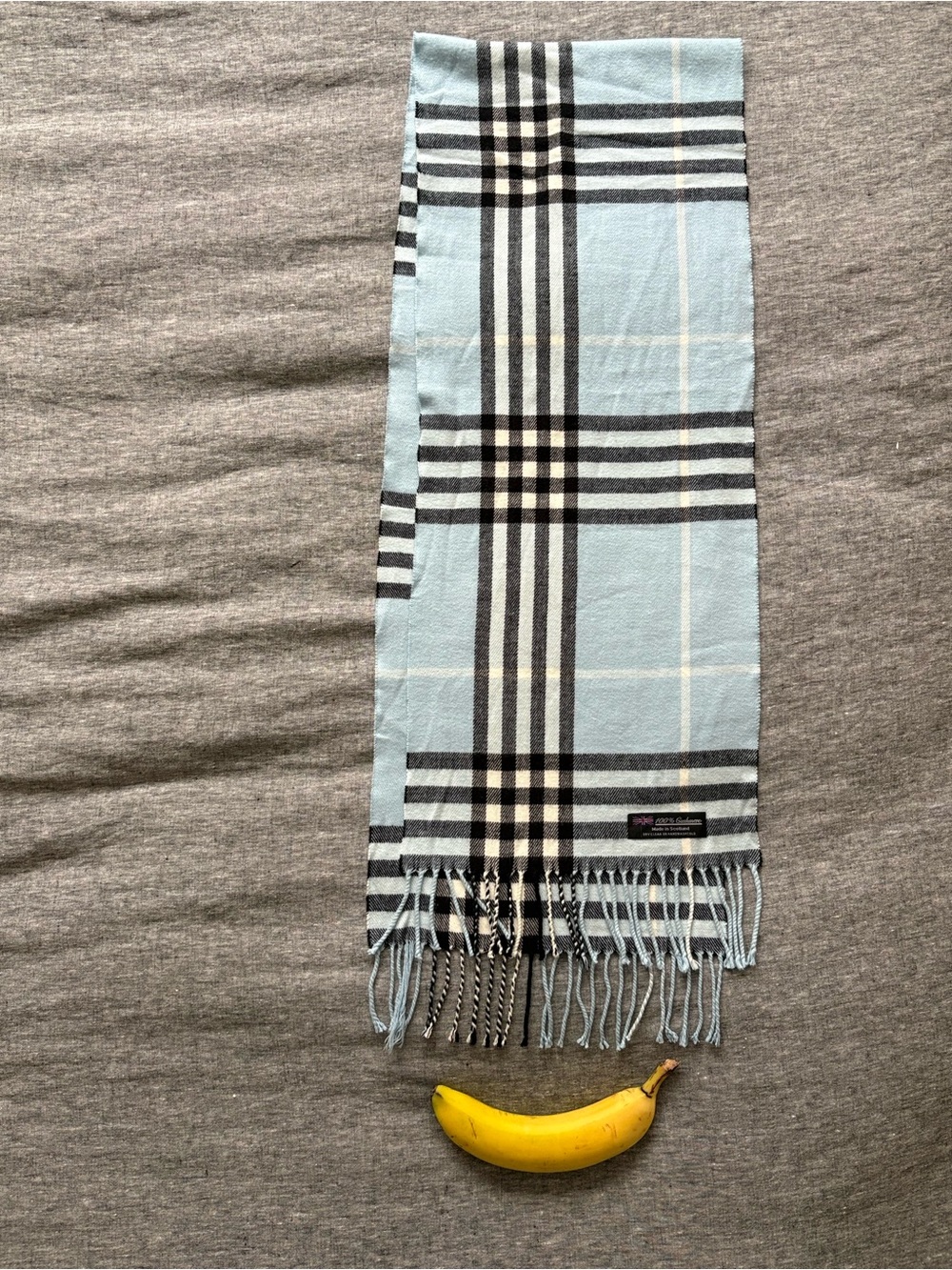 Light Blue Plaid Cashmere Scarf with Fringe - Picture 6 of 8